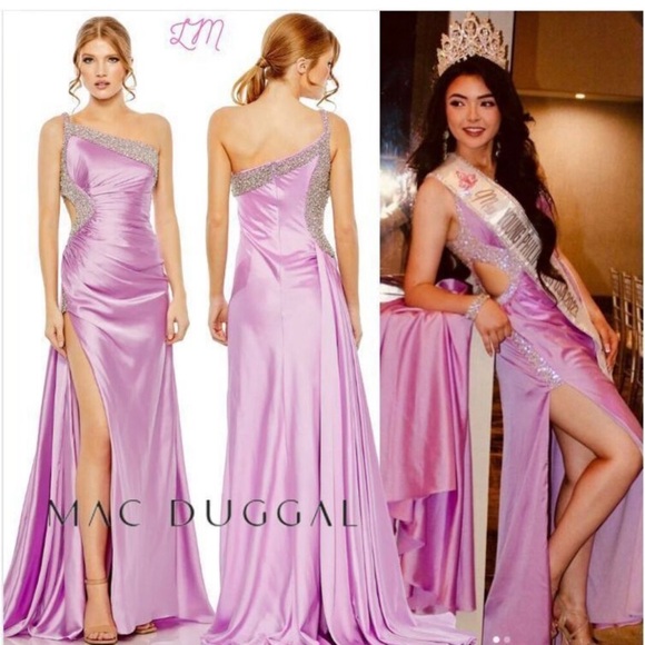 Mac Duggal 68447 Ruched One Shoulder Side Cutout Embellished Satin Gown Lilac 2 - Picture 14 of 14